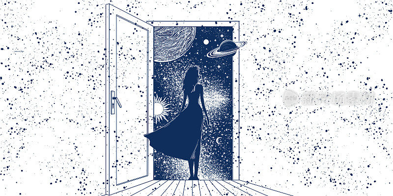 Mystical background with a woman for astrology, the girl stands with her back at the open door to space. Magic illustration with planets, concept of surrealism and psychedelics. Vector banner.